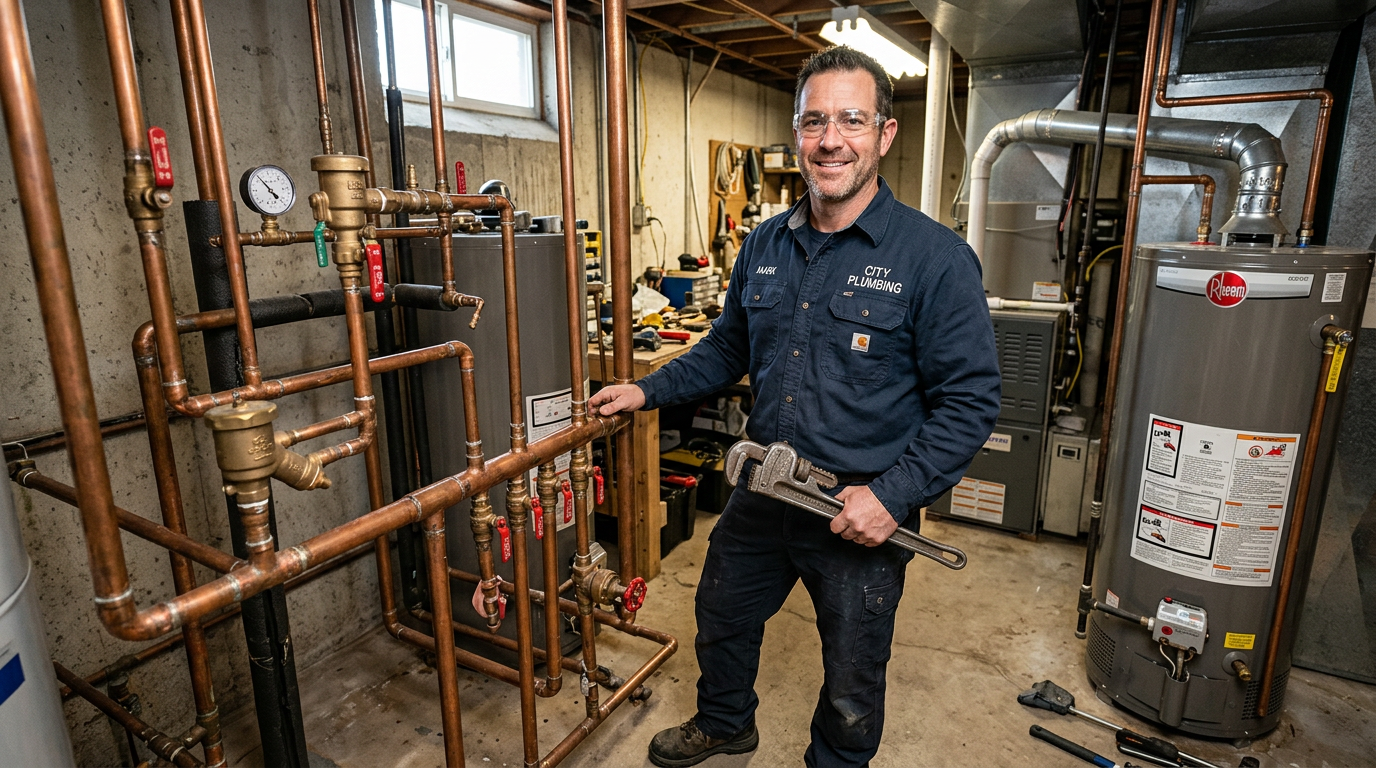 Emergency leak repair technician with tools and pipes